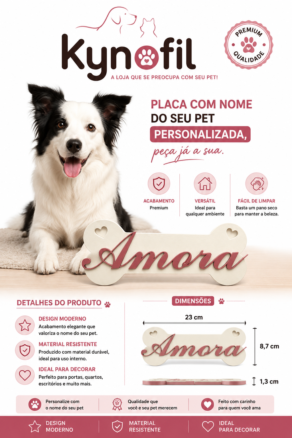 Placa Pet Personalizada com Nome – Modelo Osso com Corações | Decoração para Cachorro | Impressão 3D Premium
