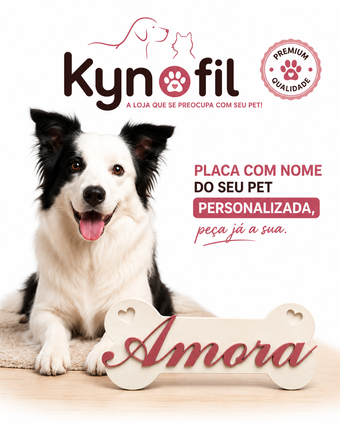 Placa Pet Personalizada com Nome – Modelo Osso com Corações | Decoração para Cachorro | Impressão 3D Premium