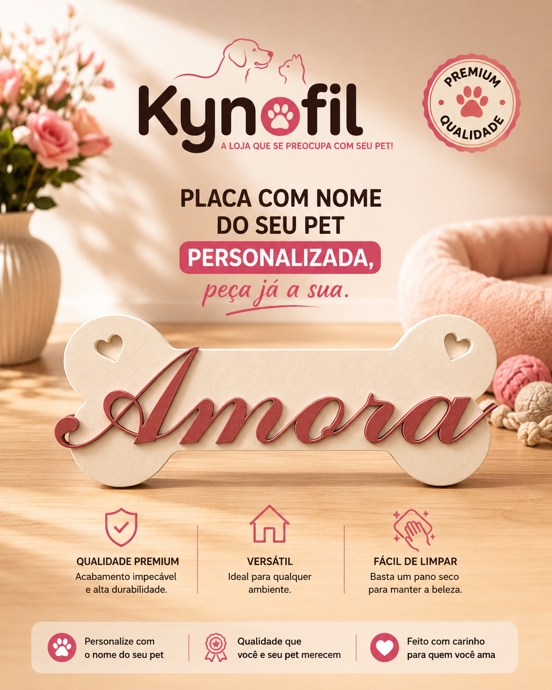 Placa Pet Personalizada com Nome – Modelo Osso com Corações | Decoração para Cachorro | Impressão 3D Premium